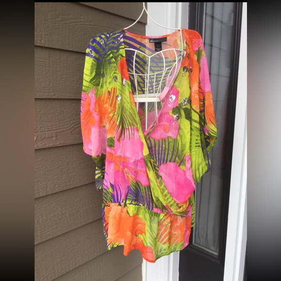 Lane Bryant Tunic Top Blouse Cover Up Floral Hawaiian Print Sheer Size 16 - Picture 3 of 11